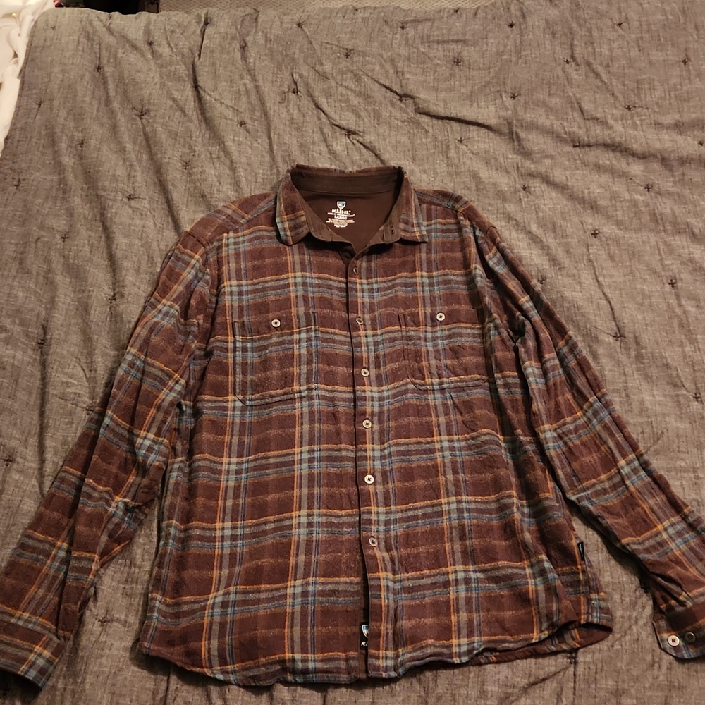 Kuhl flannel shirt large men's brown orange blue